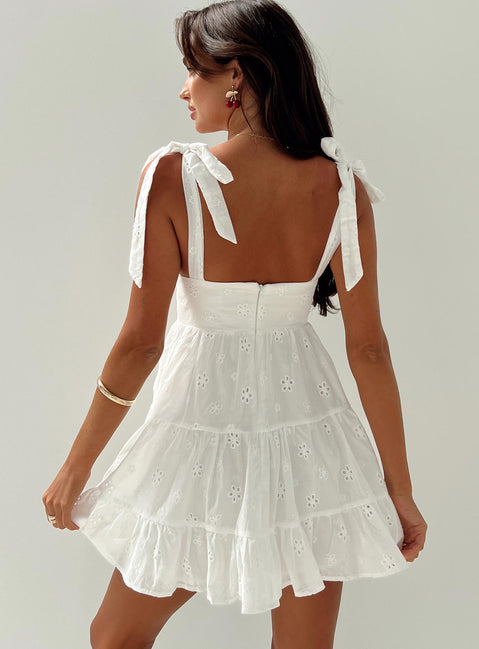 back view of model wearing Princess Polly Galvis Mini Dress White Petite Plunger 