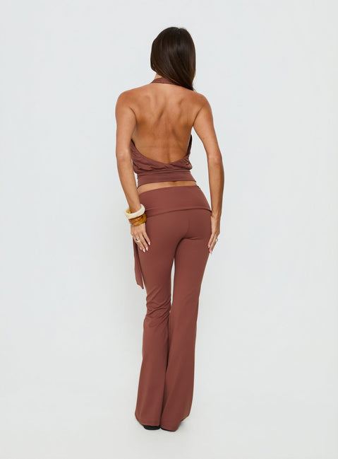 Designed with the Daily Define Tie Waist Pants Brown in womens regular pants with high-rise and wide-leg styling back view of model wearing Princess Polly