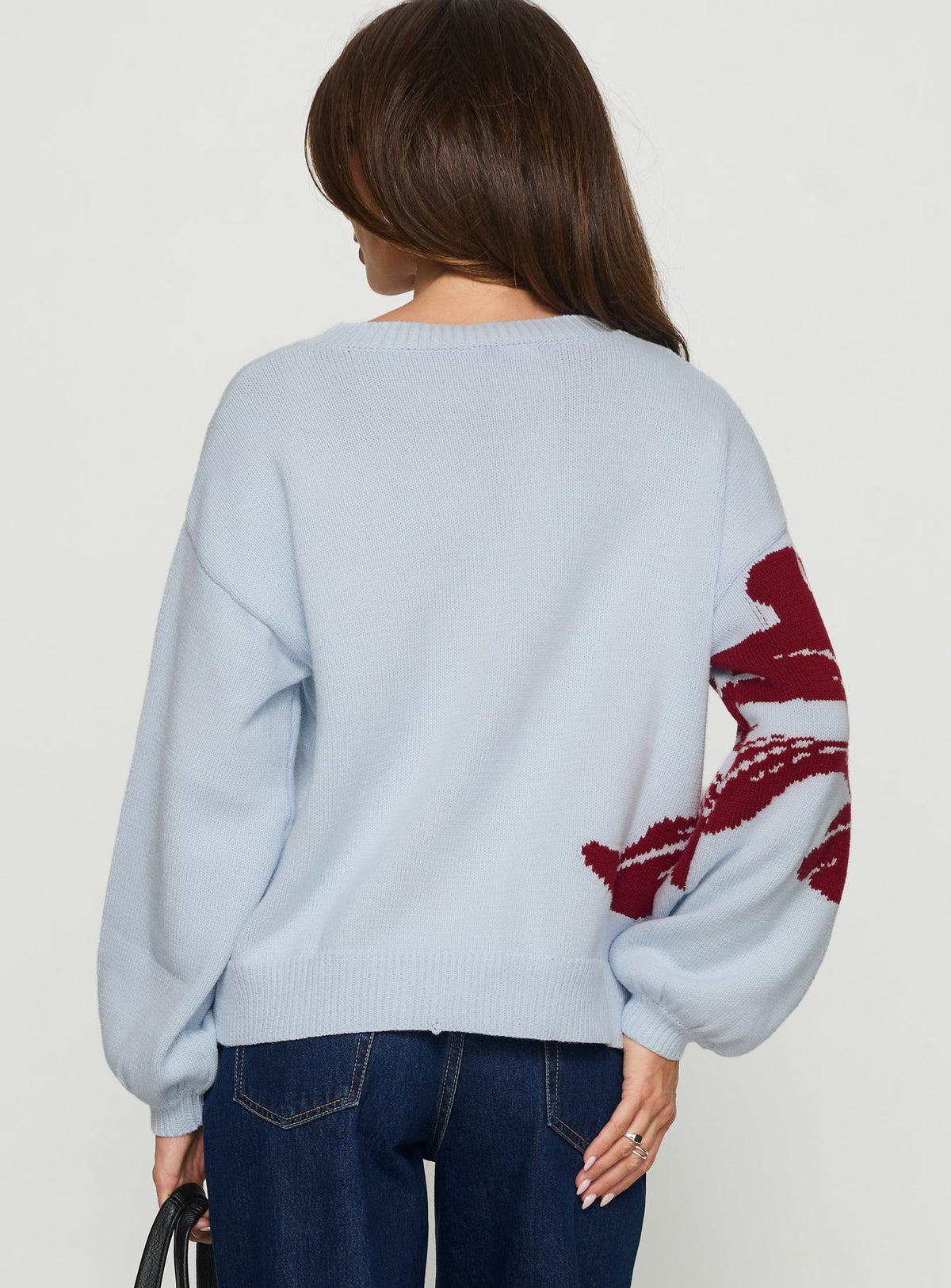 back view of model wearing Princess Polly Jalenn Floral Knit Cardigan Blue / Red Cropped Jumpers Jumpers 