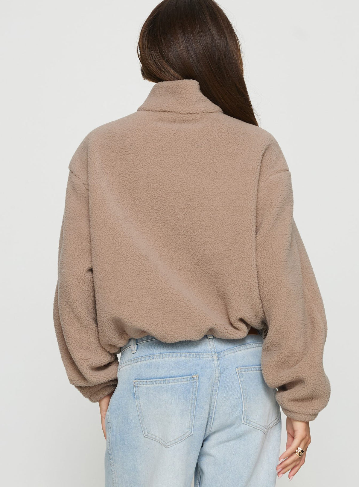back view of model wearing Princess Polly Icy Days Fleece Quarter Zip Jumper Light Brown Cropped Jumpers Jumpers 