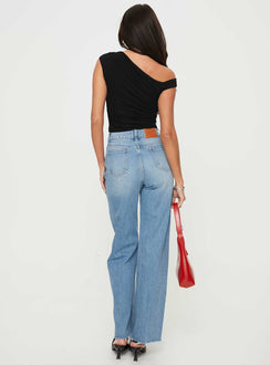 back view of model wearing Princess Polly Henesey High Rise Straight Leg Jeans Mid Wash Tall High Rise Jeans Jeans 