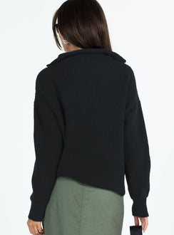 back view of model wearing Princess Polly Ferry Zip Front Sweater Black Lower Impact Cropped Jumpers Jumpers 