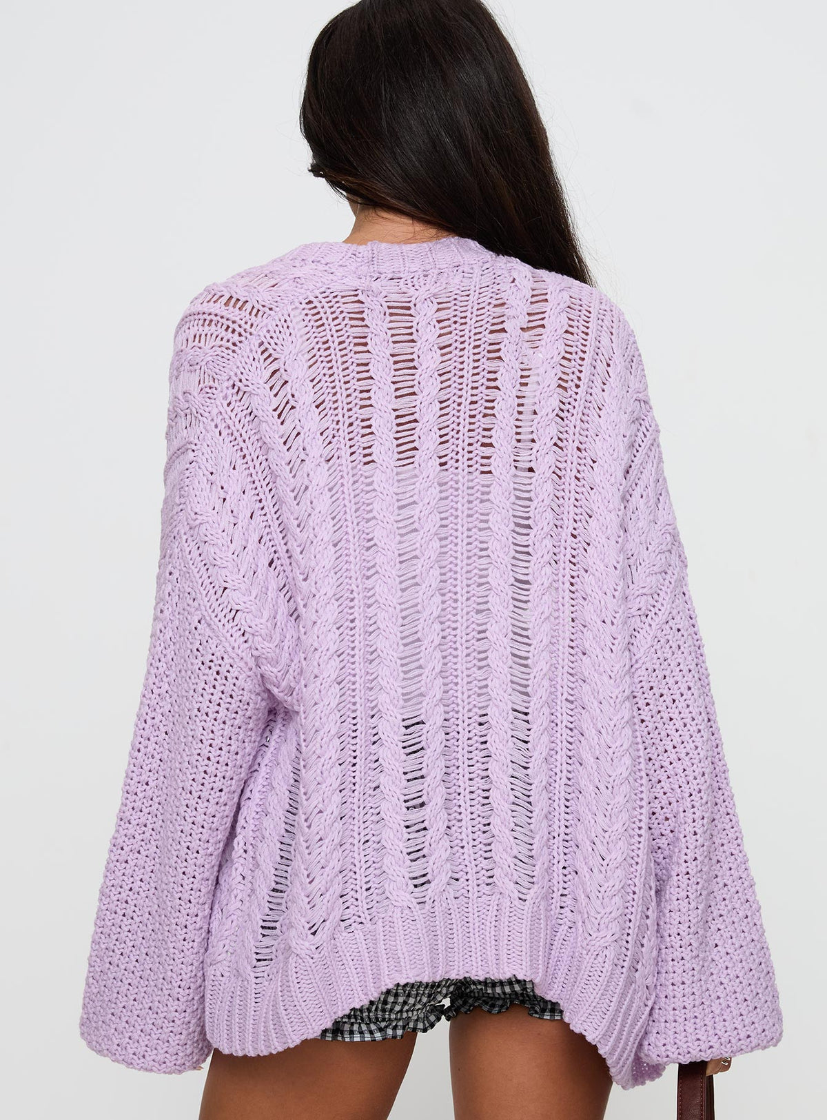 back view of model wearing Princess Polly Abner Cable Cardigan Lilac Longline Jumpers Jumpers 