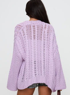 back view of model wearing Princess Polly Abner Cable Cardigan Lilac Longline Jumpers Jumpers 