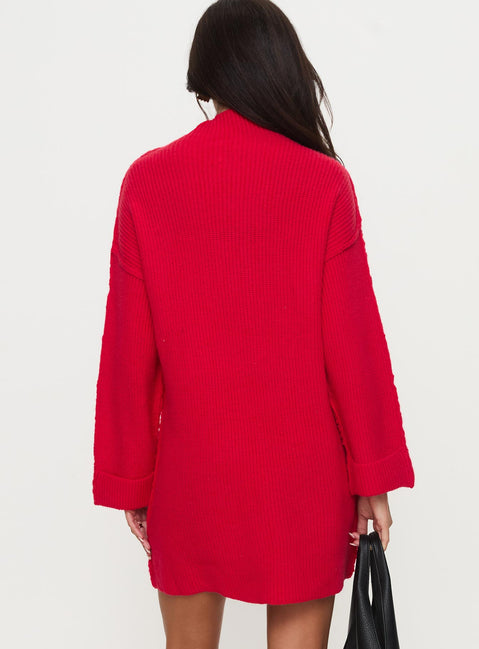 back view of model wearing Princess Polly Weslie Long Sleeve Knit Mini Dress Red High Neck 