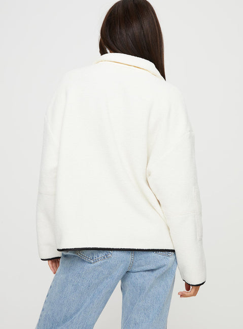 back view of model wearing Princess Polly Samuel Polar Fleece Sweater Cream Jumpers 