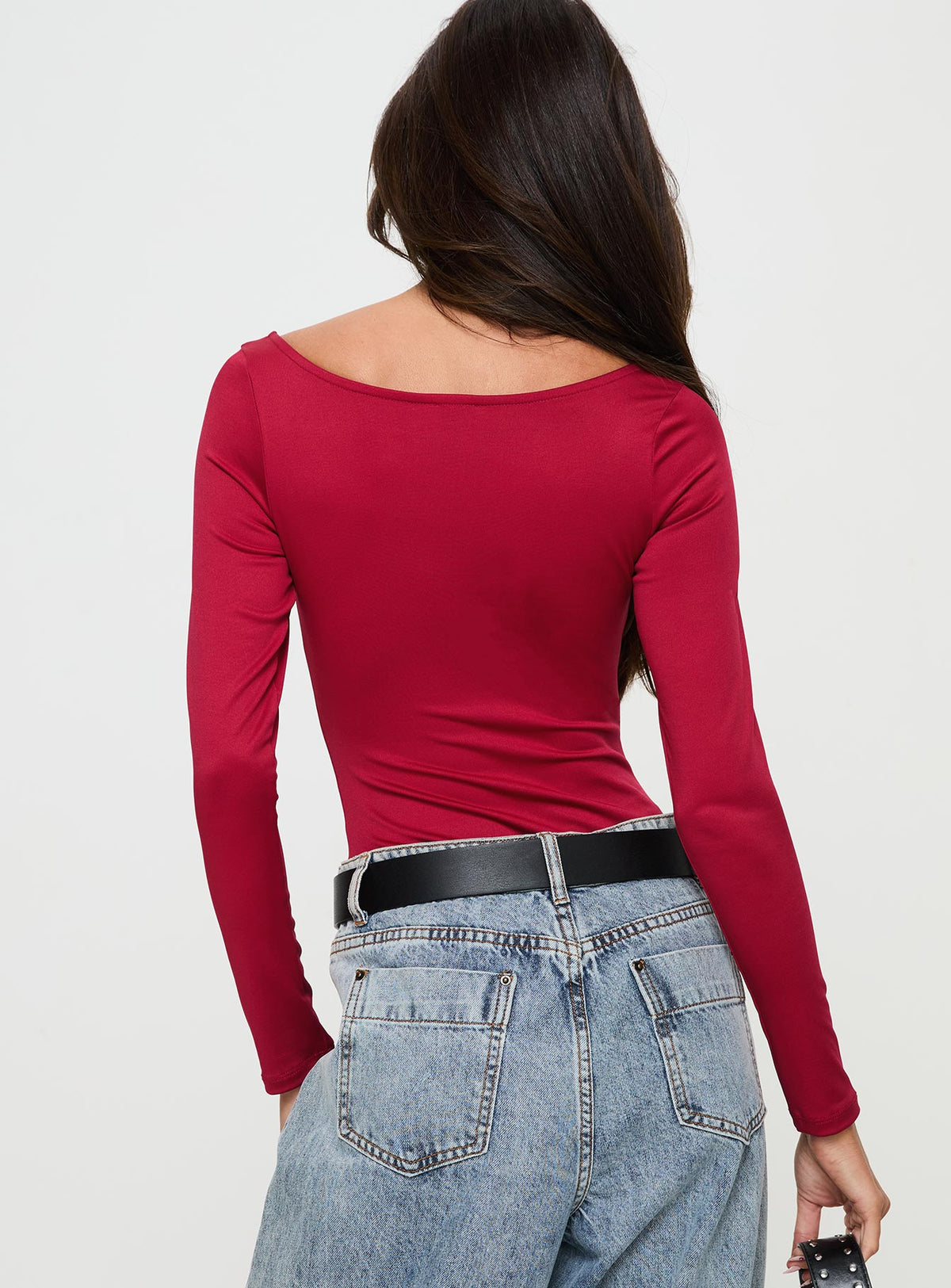 back view of model wearing Princess Polly Ellery Bodysuit Red Long Sleeve Tops Bodysuit 