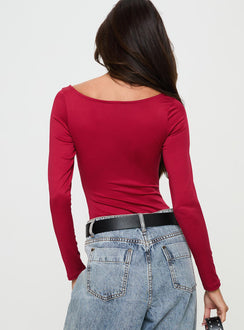 back view of model wearing Princess Polly Ellery Bodysuit Red Long Sleeve Tops Bodysuit 