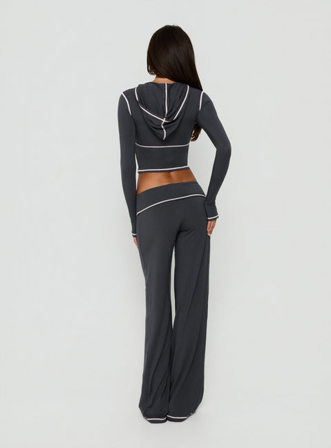 Presenting the Kimberlyn Jersey Straight Leg Pants Grey in womens-regular-pants with low-rise back view of model wearing Princess Polly