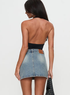 back view of model wearing Princess Polly Precious Cargo Denim Mini Skirt Light Blue Wash Mini Skirts Skirts 