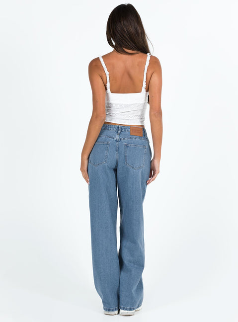 back view of model wearing Princess Polly Maryanne Mid Rise Relaxed Jeans Mid Wash Denim Tall Mid Rise Jeans Jeans 