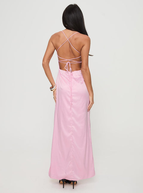 back view of model wearing Princess Polly Roselyn Maxi Dress Pink Straight Neck 