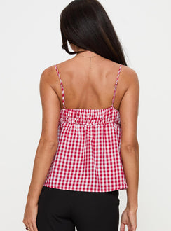 back view of model wearing Princess Polly Mirabellah Frill Top Red Gingham Sleeveless Square Neck 