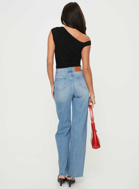back view of model wearing Princess Polly Henesey High Rise Straight Leg Jeans Mid Blue Wash High Rise Jeans Jeans 