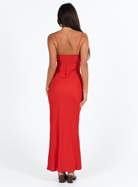 Front view of model wearing  front Princess Polly Asymmetric Neckline  Emily Maxi Dress Red