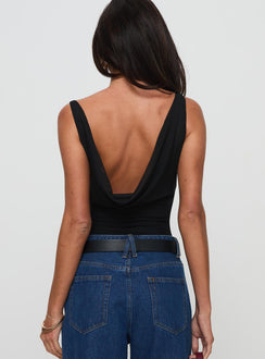 back view of model wearing Princess Polly Axton Cowl Neck Bodysuit Black Sleeveless Bodysuit 