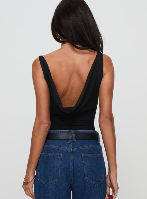 back view of model wearing Princess Polly Axton Cowl Neck Bodysuit Black Sleeveless Bodysuit 