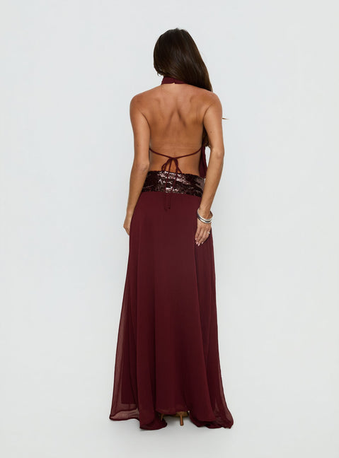 Darwinn Drop Waist Sequin Detail Maxi Dress Burgundy