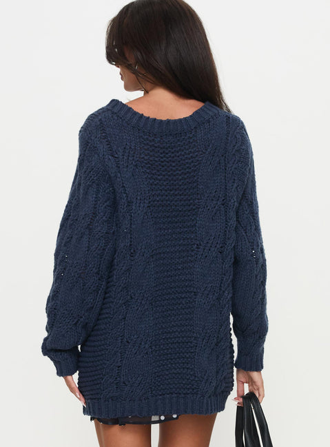 back view of model wearing Princess Polly Gabrieal Knit Sweater Navy Longline Jumpers Jumpers 