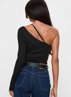back view of model wearing Princess Polly Play Pretend One Sleeve Bodysuit Black Long Sleeve Tops Bodysuit 
