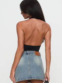 back view of model wearing Princess Polly Two Summers Plunge Neck Bodysuit Black Sleeveless Bodysuit 