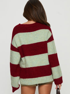 back view of model wearing Princess Polly Nesha Fluffy Knit Sweater Red / Blue Stripe Jumpers 