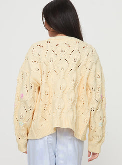 back view of model wearing Princess Polly Daffodil Cardigan Cream Cropped Jumpers Jumpers 