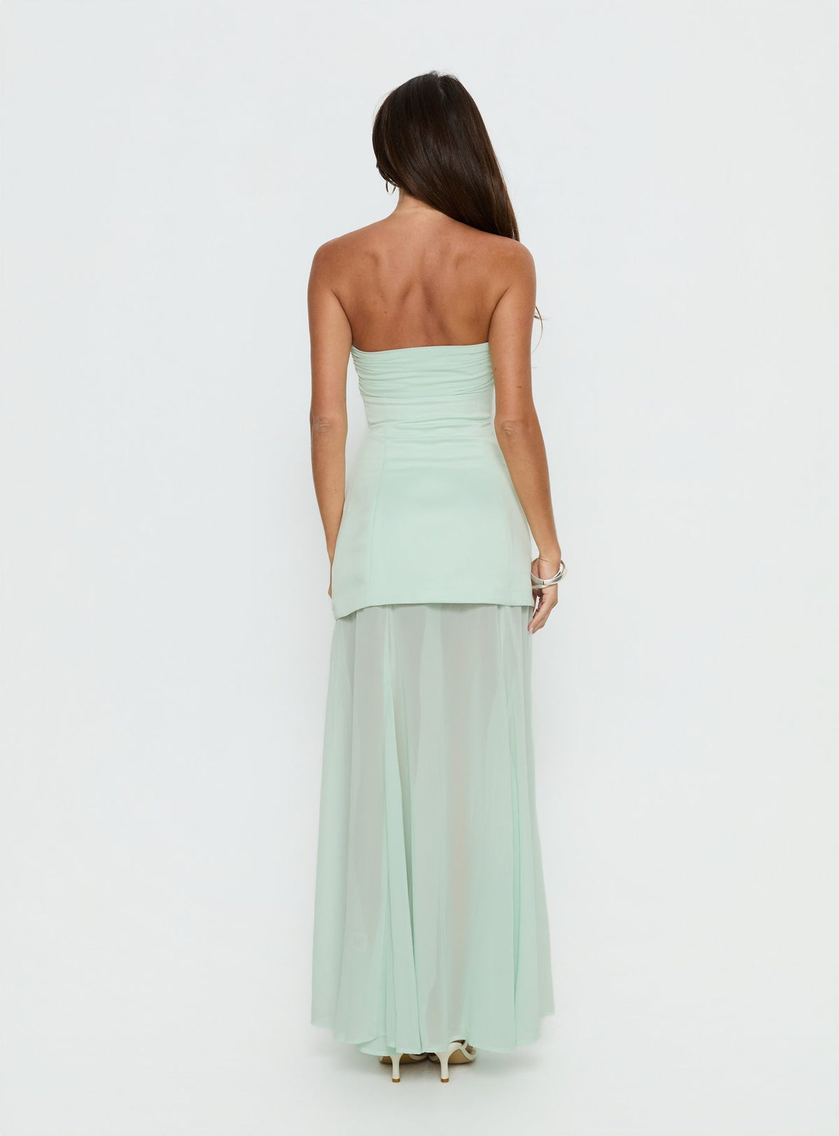 Flashy Sheer Chiffon Strapless Maxi Dress Green