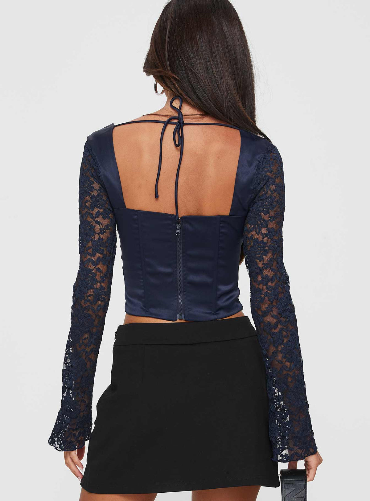 back view of model wearing Princess Polly Markwell Long Sleeve Top Navy Full Sleeves Sweetheart 