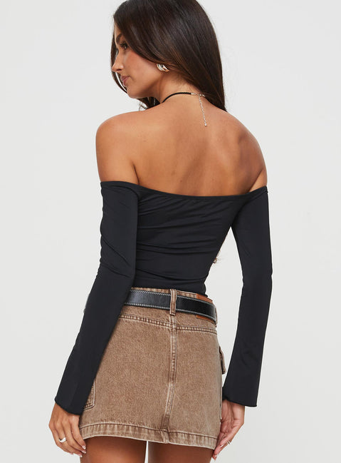 back view of model wearing Princess Polly Carradine Off The Shoulder Top Black Full Sleeves straight 
