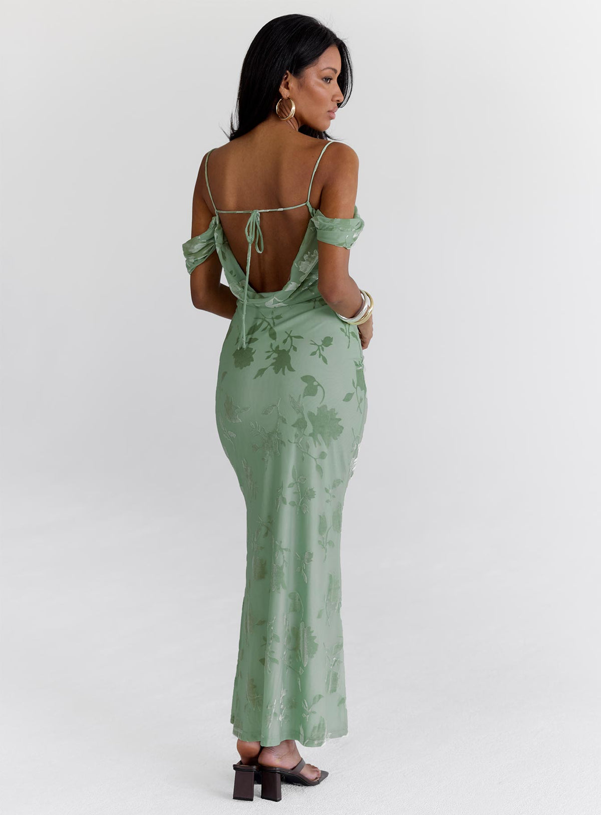 back view of model wearing Princess Polly Green Gables Burnout Maxi Dress Sage Square Neck 