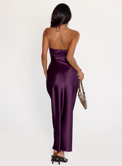 back view of model wearing Princess Polly Fireproof Halter Maxi Dress Plum Sweetheart Neckline 