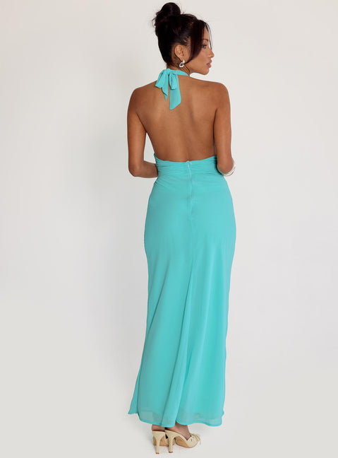 back view of model wearing Princess Polly Destina Plunge Maxi Dress Aqua Plunger 