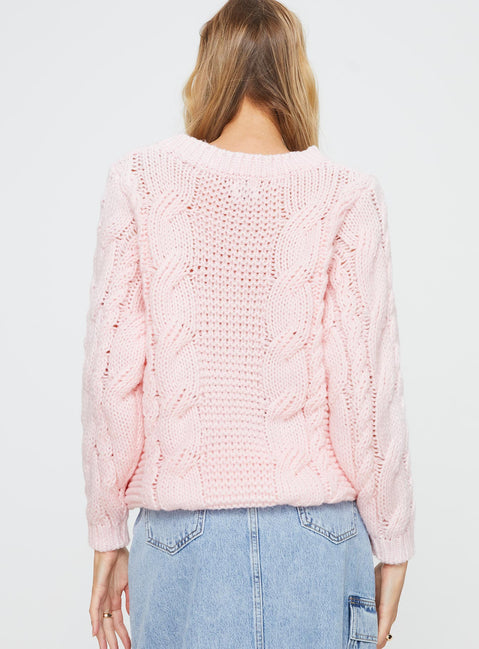 back view of model wearing Princess Polly Ellison Cable Knit Sweater Blush Pink Longline Jumpers Jumpers 