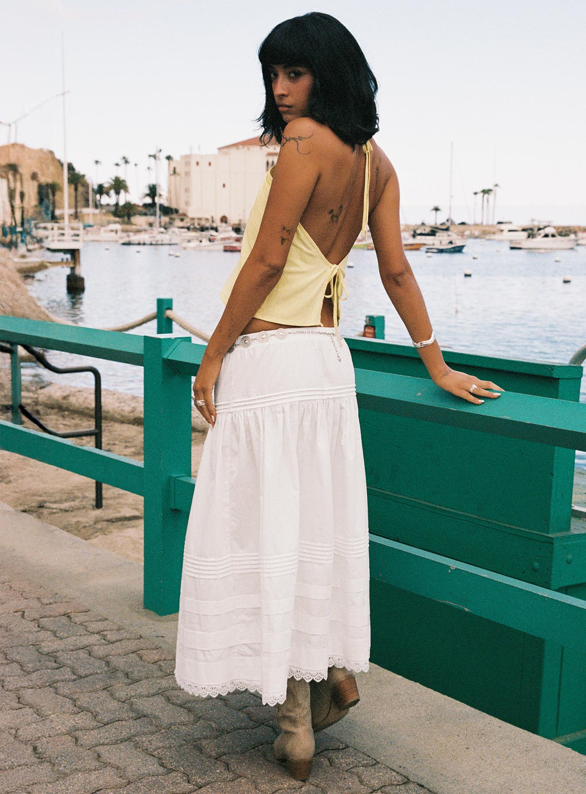 back view of model wearing Princess Polly Calling For You Flowy Maxi Skirt White Maxi Skirts Skirts 