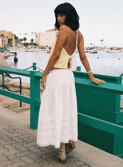 back view of model wearing Princess Polly Calling For You Flowy Maxi Skirt White Maxi Skirts Skirts 