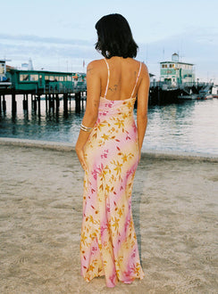 back view of model wearing Princess Polly Lauraline Maxi Dress Pink / Floral Scoop Neck 