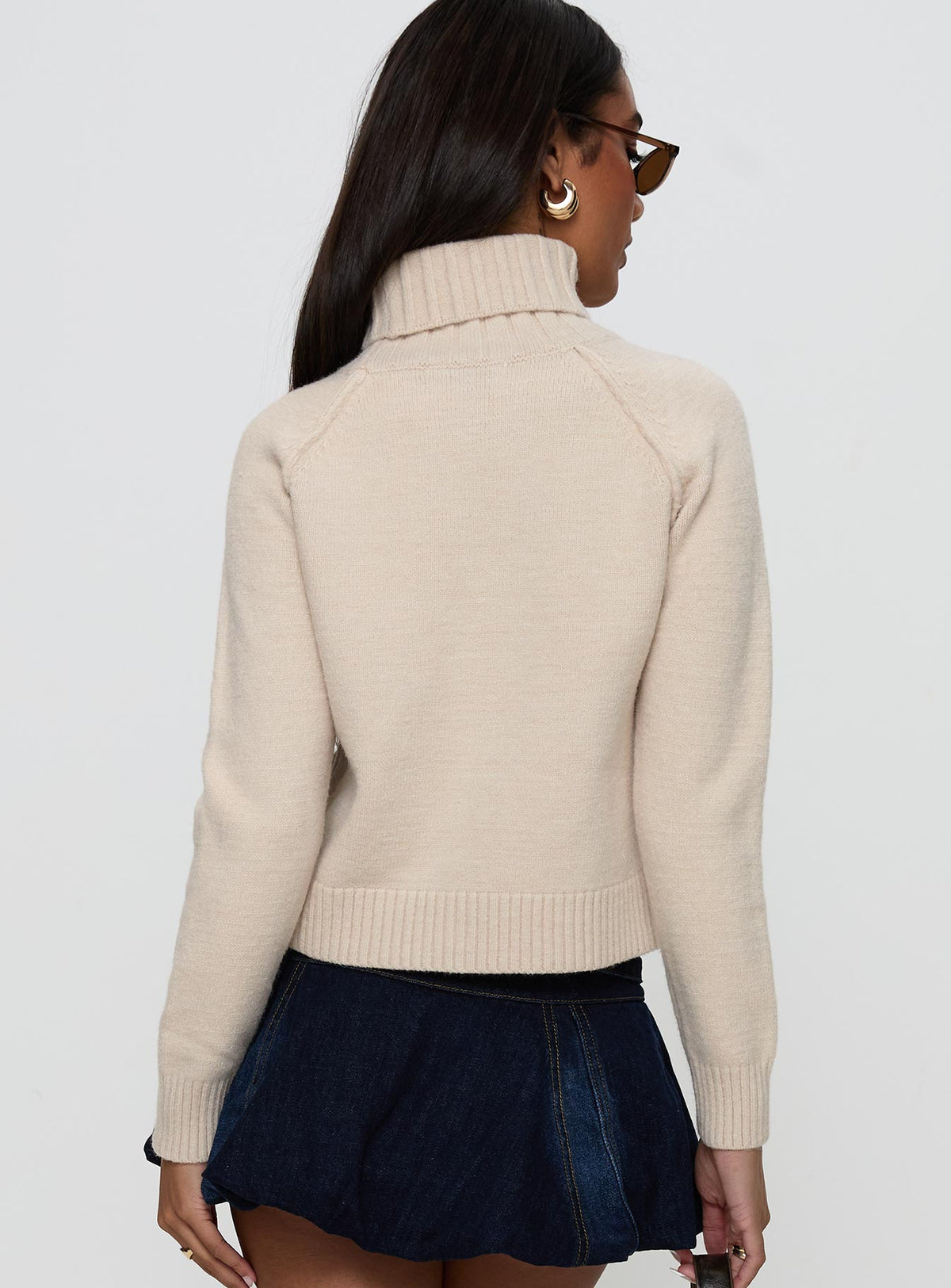 back view of model wearing Princess Polly Enrica Funnel Neck Knit Sweater Cream Cropped Jumpers Jumpers 