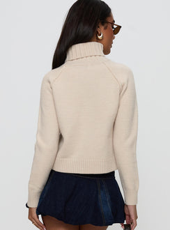 back view of model wearing Princess Polly Enrica Funnel Neck Knit Sweater Cream Cropped Jumpers Jumpers 