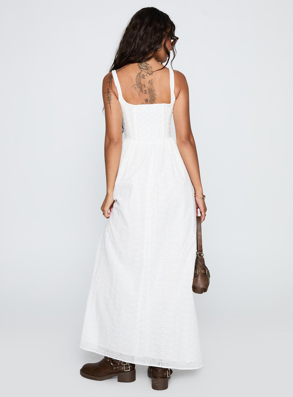 back view of model wearing Princess Polly Cartmel Broderie Maxi Dress White Square Neck 