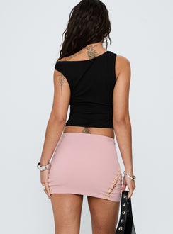 back view of model wearing Princess Polly Dupont Mini Skirt Blush Pink Mini Skirts Skirts 
