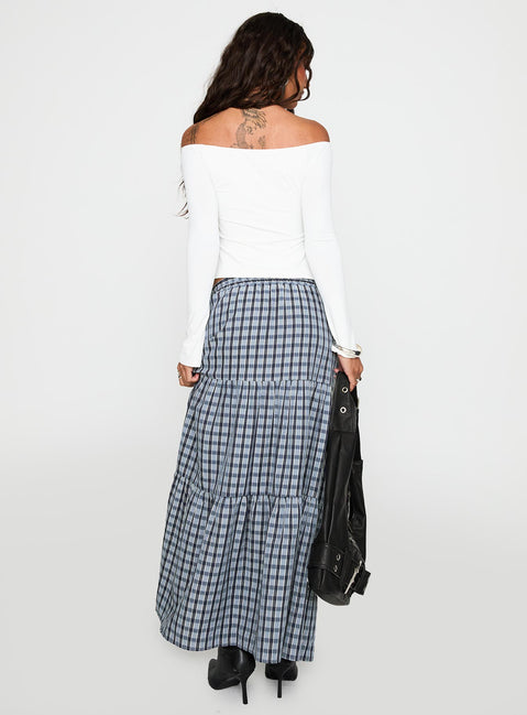 back view of model wearing Princess Polly Rockwell Tiered Midi Skirt Navy Check Maxi 