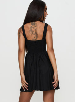 back view of model wearing Princess Polly Martie Mini Dress Black Square Neck 
