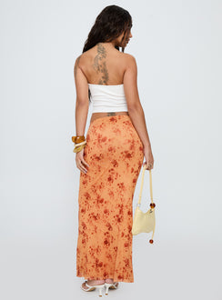 back view of model wearing Princess Polly Shepherd Maxi Skirt Orange Multi Maxi Skirts Skirts 