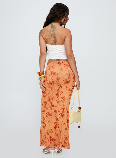 back view of model wearing Princess Polly Shepherd Maxi Skirt Orange Multi Maxi Skirts Skirts 