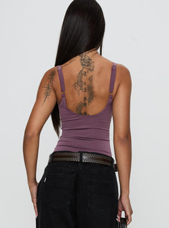 back view of model wearing Princess Polly Off Stage Bodysuit Purple Sleeveless Bodysuit 