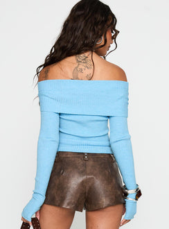 back view of model wearing Princess Polly Morley Off Shoulder Sweater Blue Cropped Jumpers Jumpers 