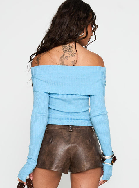 back view of model wearing Princess Polly Morley Off Shoulder Sweater Blue Cropped Jumpers Jumpers 