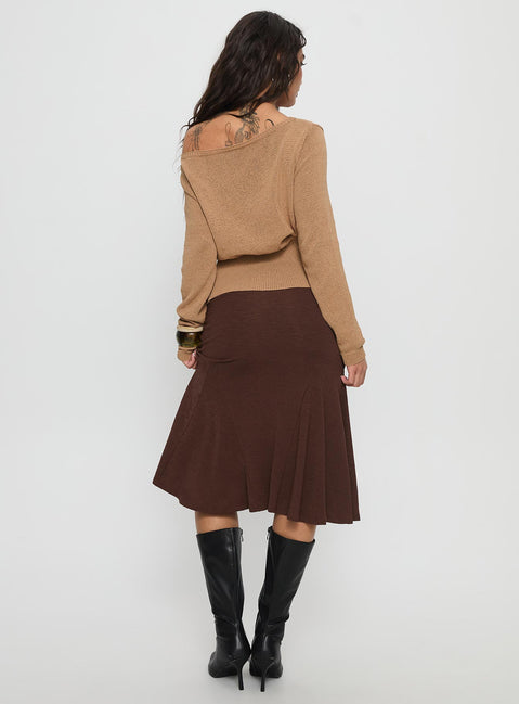 back view of model wearing Princess Polly Lewish Low Rise Midi Skirt Chocolate Midi Skirts Skirts 