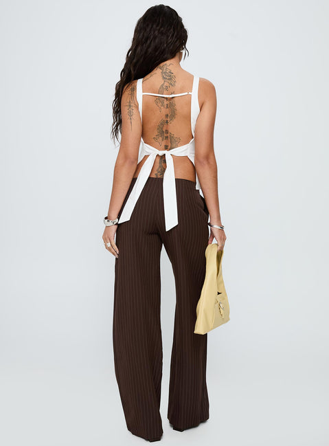 Presenting Khane Low Rise Wide Leg Pant Brown Pinstripe Tall womens-regular-pants with low-rise waist back view of model wearing